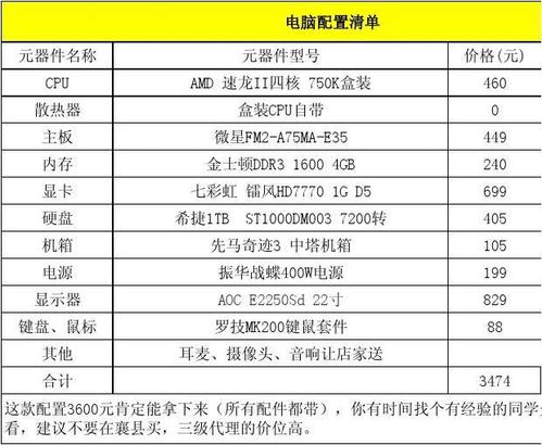 家庭组装电脑配置单